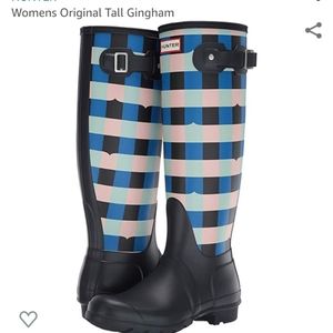 Hunter Navy Gingham Tall Woven Boots